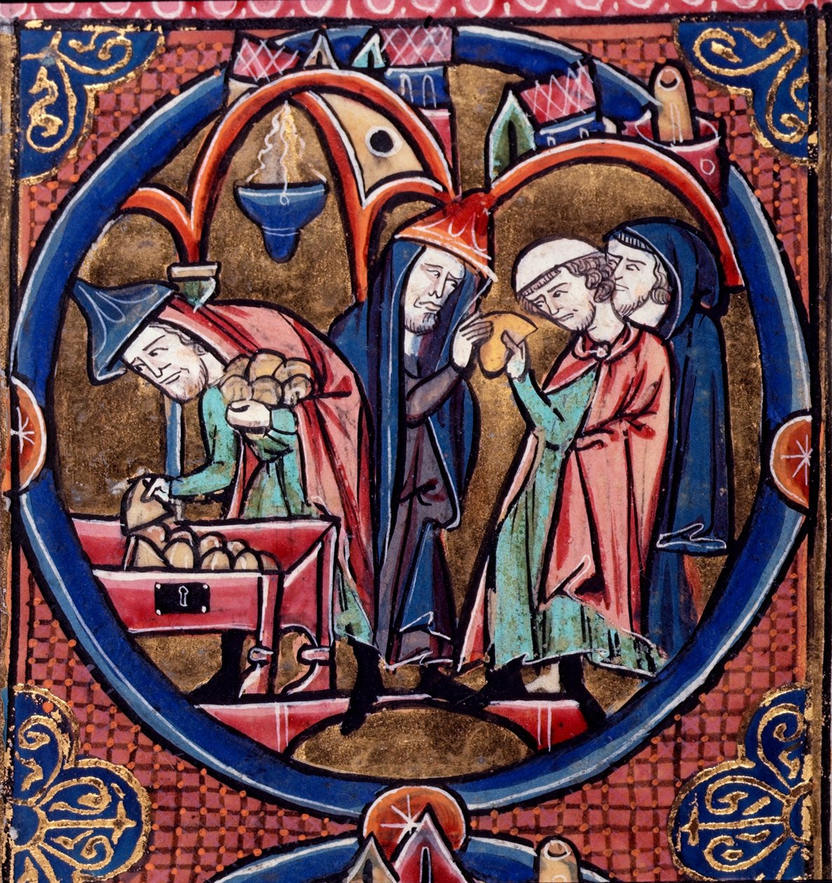 Harley Ms.1526 fol.27 Menelaos przekazuje pieniądze na daninę Antiochusowi, królowi Syrii i zapewnia sobie Wysokie Kapłaństwo za pomocą łapówki, koniec XIII wieku (wellum) autorstwa French School