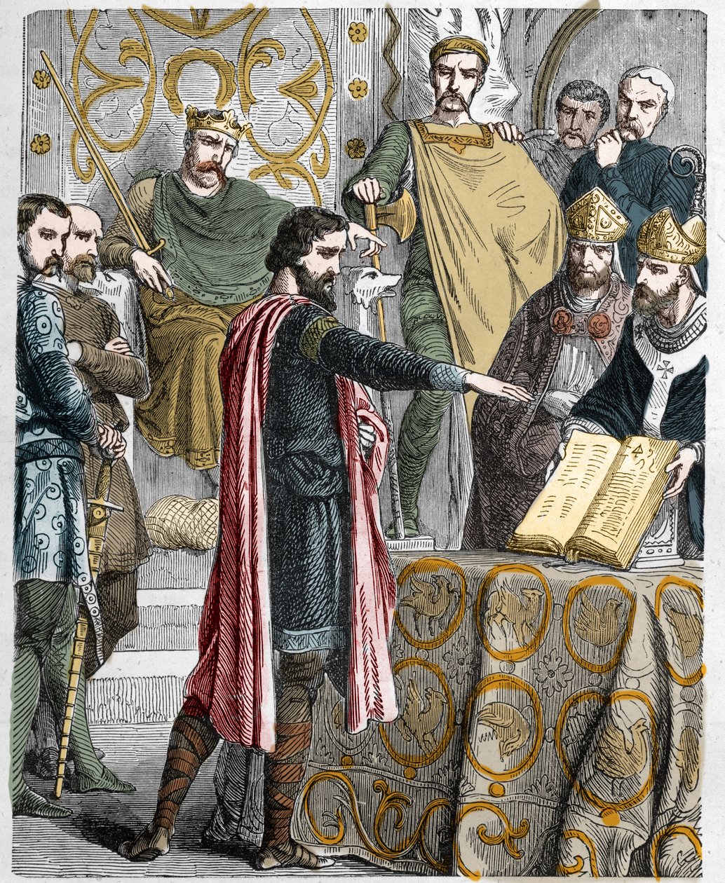 Harold II (1020-1066) ostatni król anglosaski koronował się w 1064 r., złożył przysięgę na święte relikwie przed Wilhelmem I Zdobywcą, aby wesprzeć jego sprawę na tronie Anglii po śmierci spowiednika Edwarda. autorstwa French School