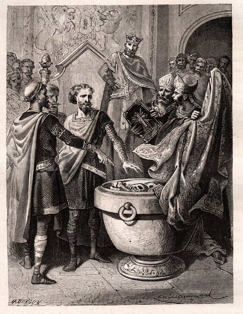 Harold II (1020-1066) ostatni anglosaski król korony w 1064, złożył przysięgę na święte relikwie przed Wilhelmem I Zdobywcą, aby wesprzeć jego sprawę na tronie Anglii po śmierci Edwarda spowiednika, około 1064 (Harold składa przysięgę na święte relikwie ( autorstwa French School