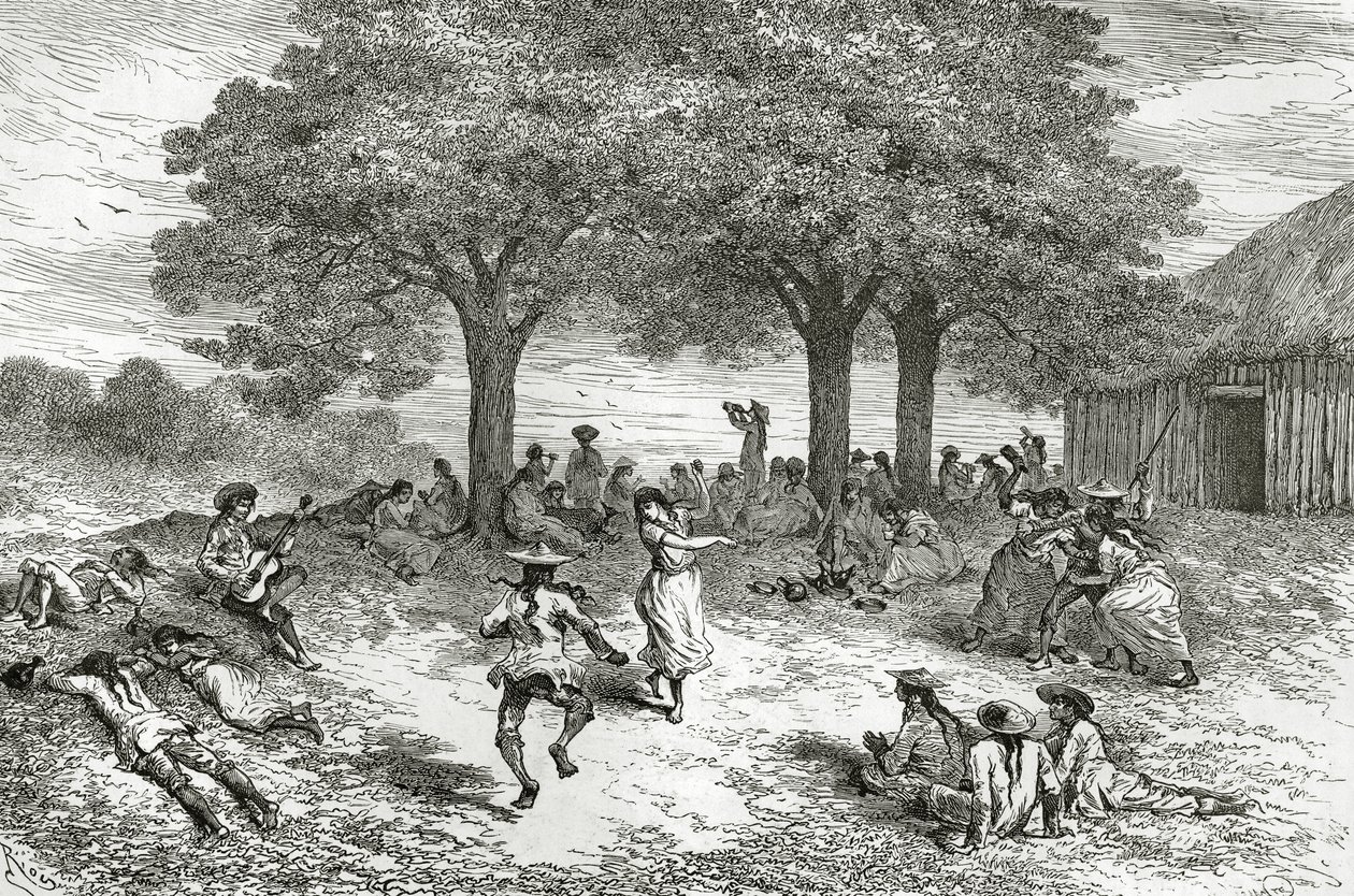 Żniwa koki, Peru, ilustracja z magazynu Le Tour du Monde, 1877 autorstwa French School