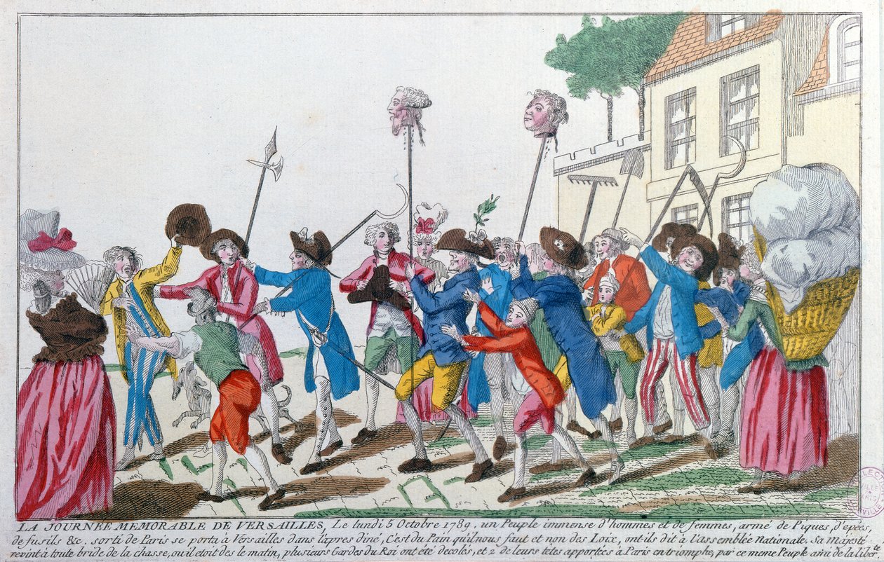 Głowy dwóch gwardzistów królewskich zabitych 5 października 1789 r. w Wersalu przez paryski motłoch triumfalnie niesione do Paryża autorstwa French School