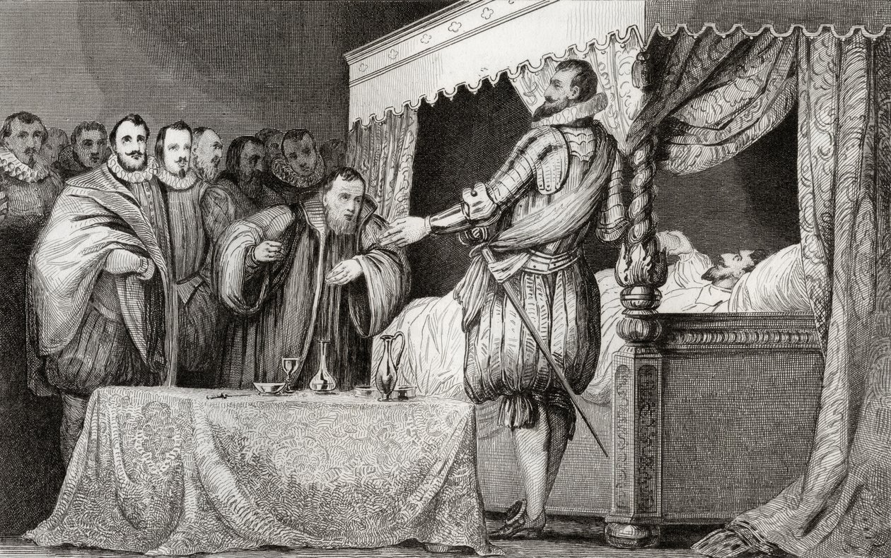 Henri III (1551-89) wymienia Bearnaisa (1553-1610) na swojego następcę, z „Histoire de France” Colarta, wydanej ok. 1840 r. autorstwa French School