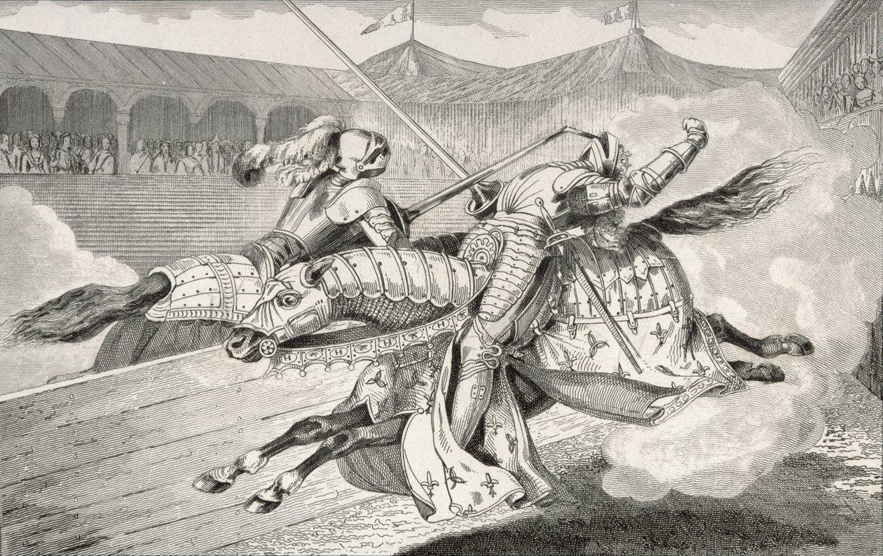 Henris II (1519–59) buvo mirtinai sužeistas per dukters vestuvių iškilmes vykusias varžybas iš Colart „Histoire de France“, išleistos apie 1840 m. Hpoli. autorstwa French School