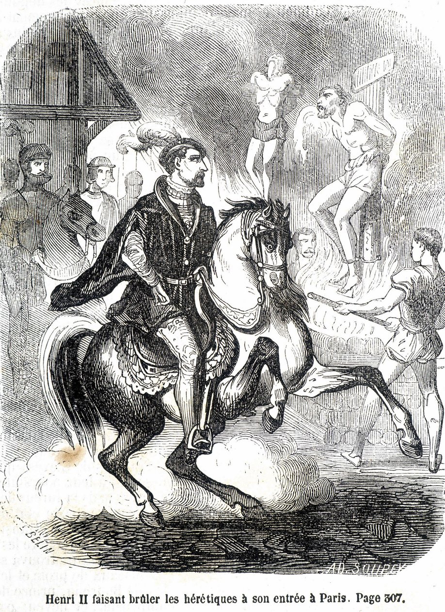 Henryk II (1519 - 1559) podpalił heretyków przy swoim wjeździe do Paryża - w „Histoire de France” L.-P. Anquetil autorstwa French School