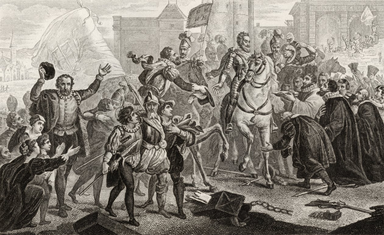 Henryk IV (1553-1610) wjeżdża do Paryża w 1594 r., z „Histoire de France” Colarta, wydanej ok. 1840 r. autorstwa French School