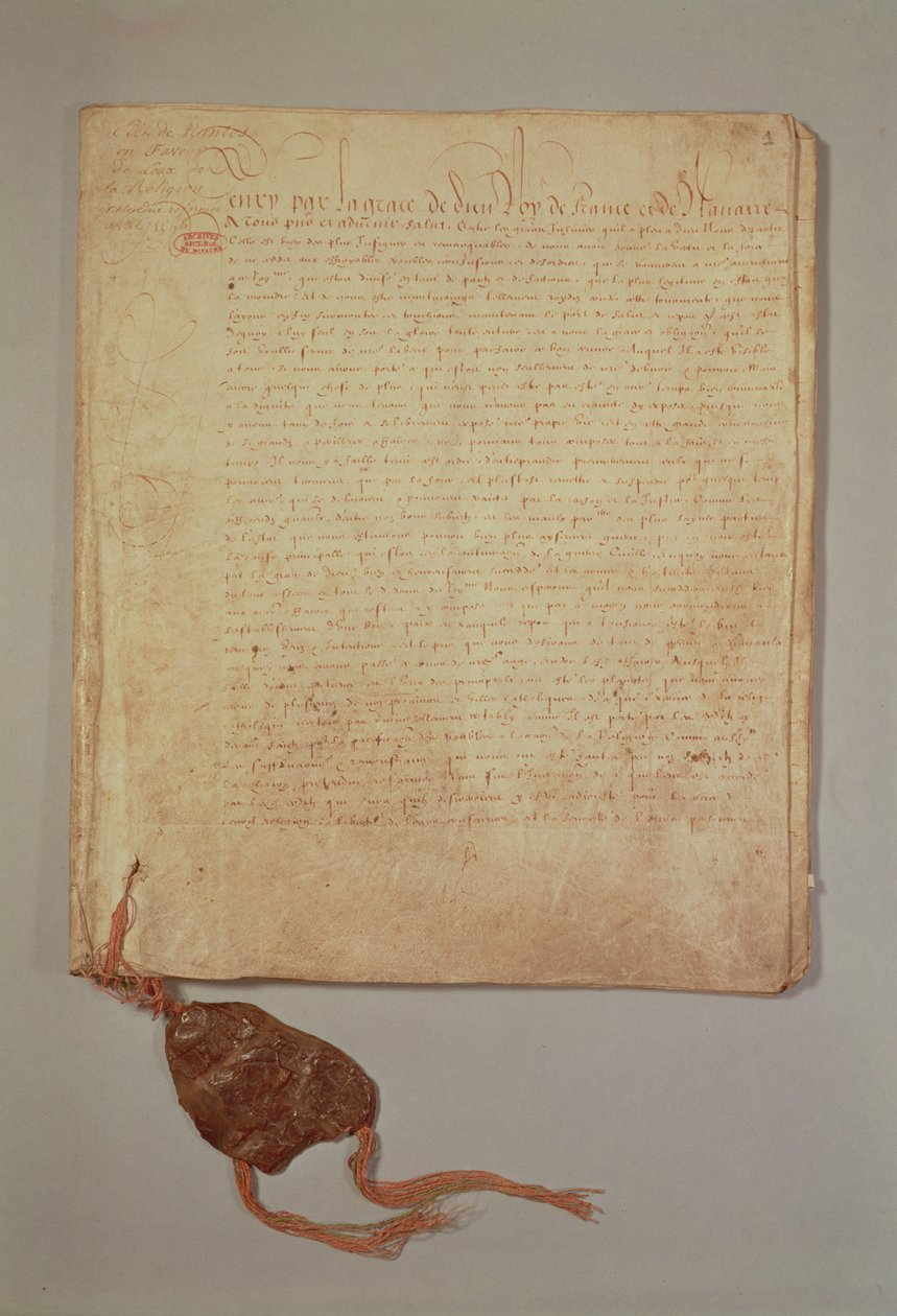 Henryk IV, Z łaski Bożej, król Francji i Nawarry, pierwsza strona z „Edyktu nantejskiego”, 1598 (patrz także 156756) (tusz na papierze) autorstwa French School
