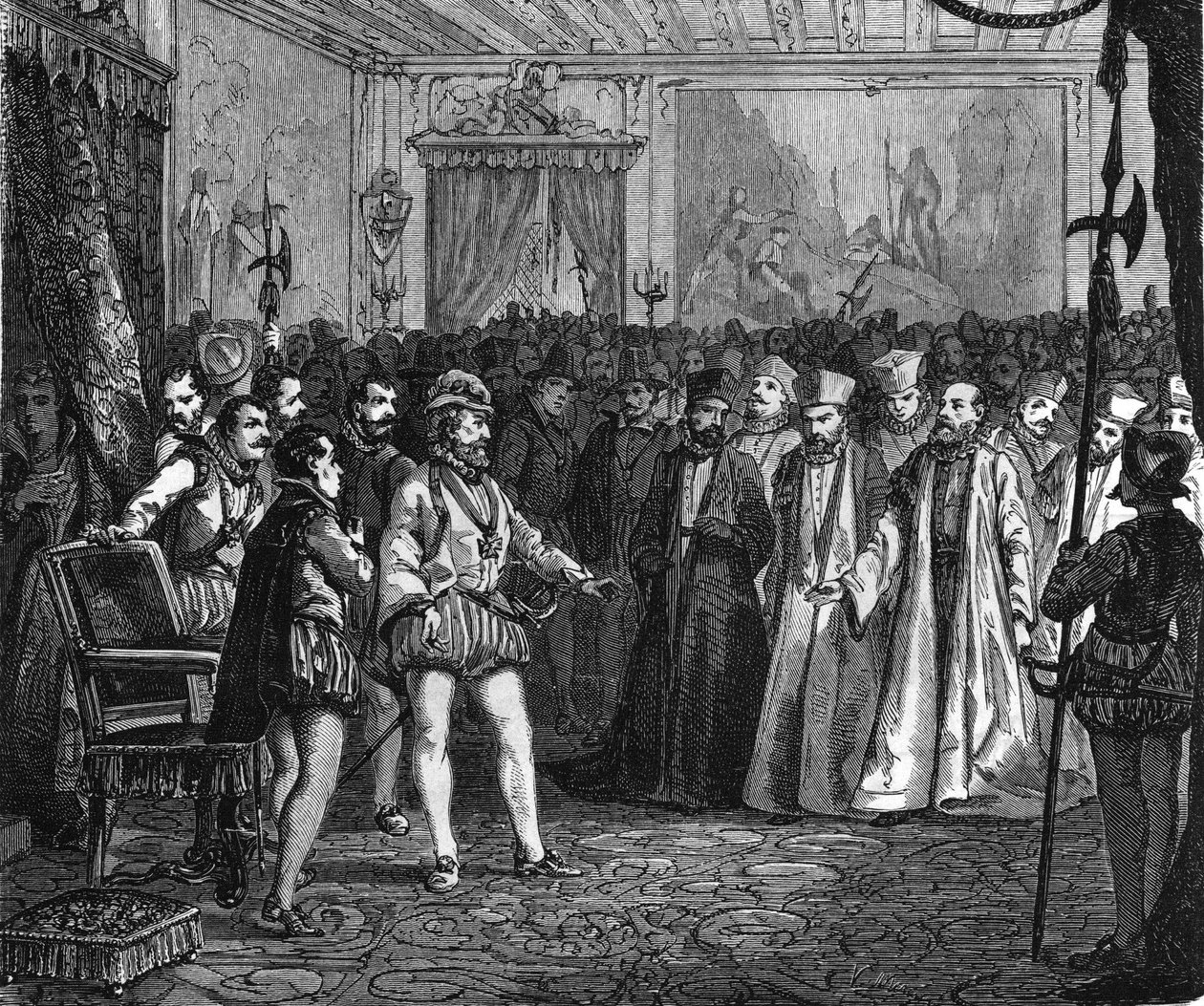 Henryk IV przed zgromadzeniem notabli w Rouen. W „”Histoire Populaire de la France””, sd. ok. 1885 r. Grawerowanie. autorstwa French School