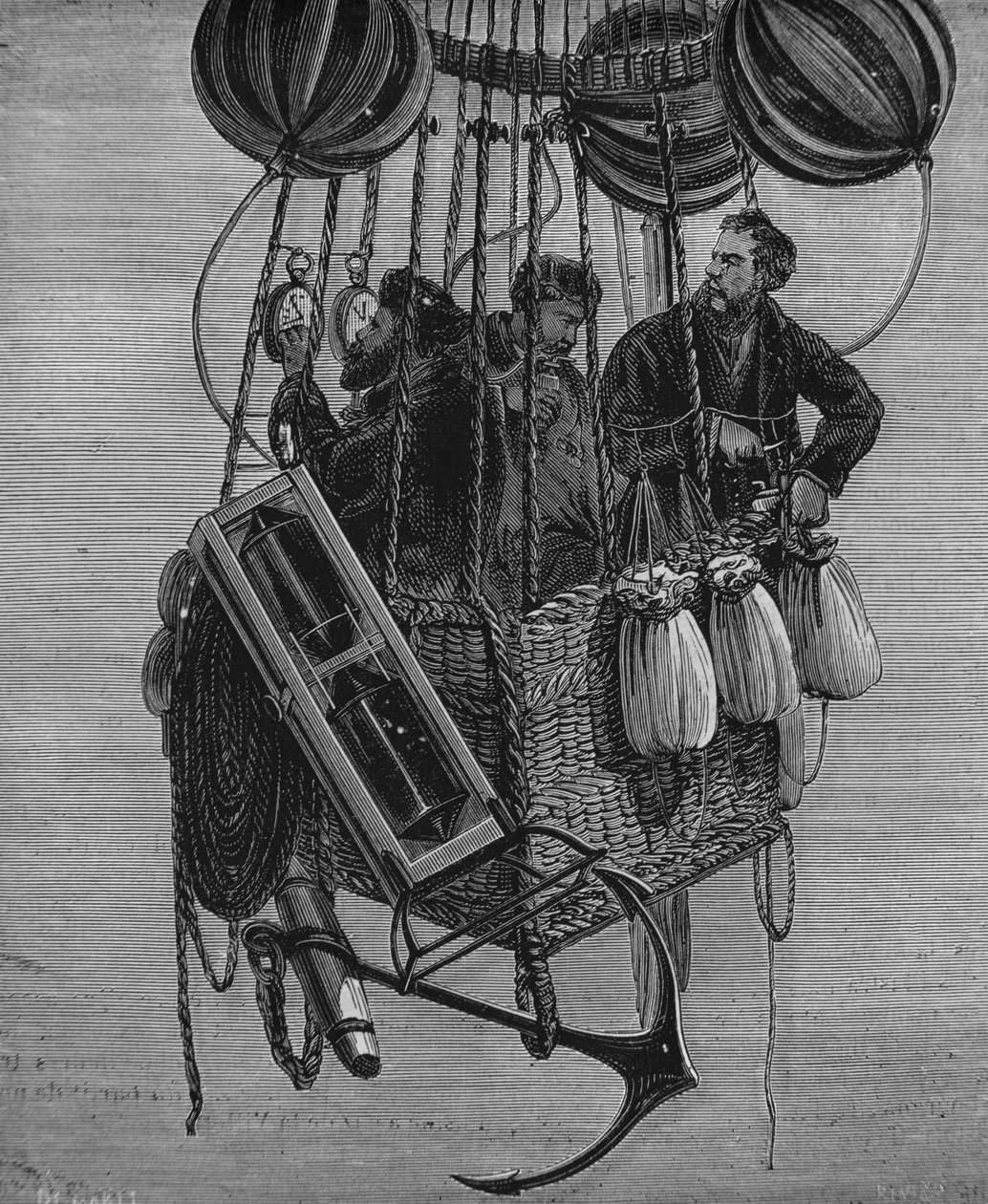 Henri Theodore Sivel (1834-75), Joseph Croce Spinelli i Gerard Tissandier w gondoli balonu Zenith, 15 kwietnia 1875 autorstwa French School