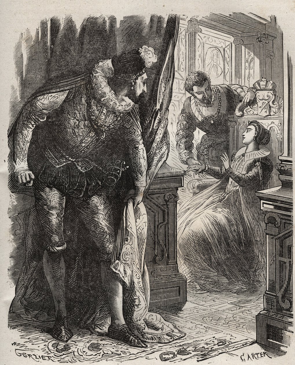 Henryk (Henryk) Stuart i Lord Darnley (1545-1567) zaskoczył swoją żonę, królową Marię (Marię) Iere Stuart (1542-1587), swoim prywatnym sekretarzem, Davidem Rizzio (zm. 1566). Grawer z 1871 r. w „Histoire Des Cocuses Celebres” Henry