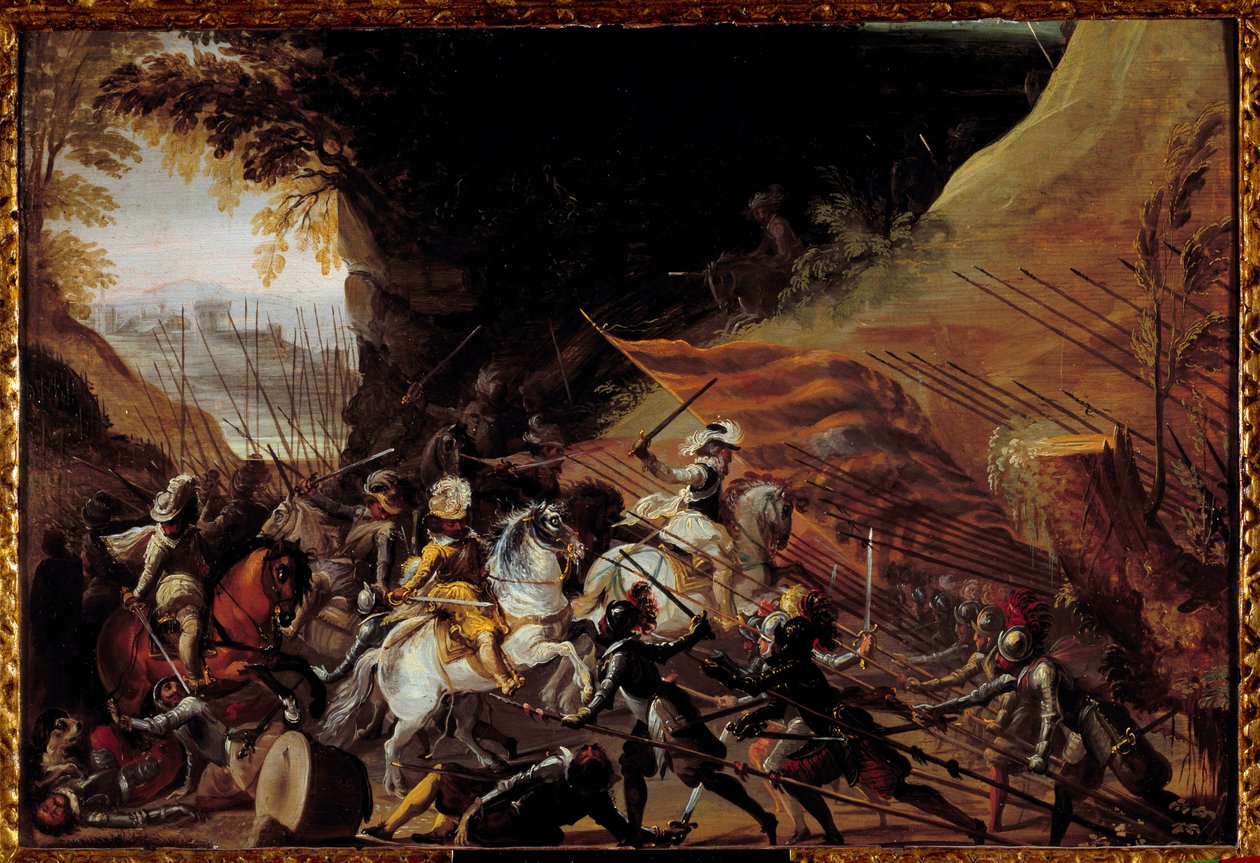 Henryk IV (1589-1610) ładujący na czele swojej kawalerii. Anonimowe malarstwo francuskie z XVII wieku. Olej na drewnie. Wymiary: 0,35 X 0,52m. Pau, Musee Du Chateau autorstwa French School