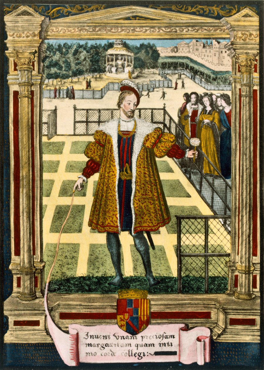 Henryk dAlbret (1503-55), król Nawarry przedstawiający Marguerite kwiat Marguerite, siostrze króla Franciszka I, którego poślubił w 1527 roku autorstwa French School