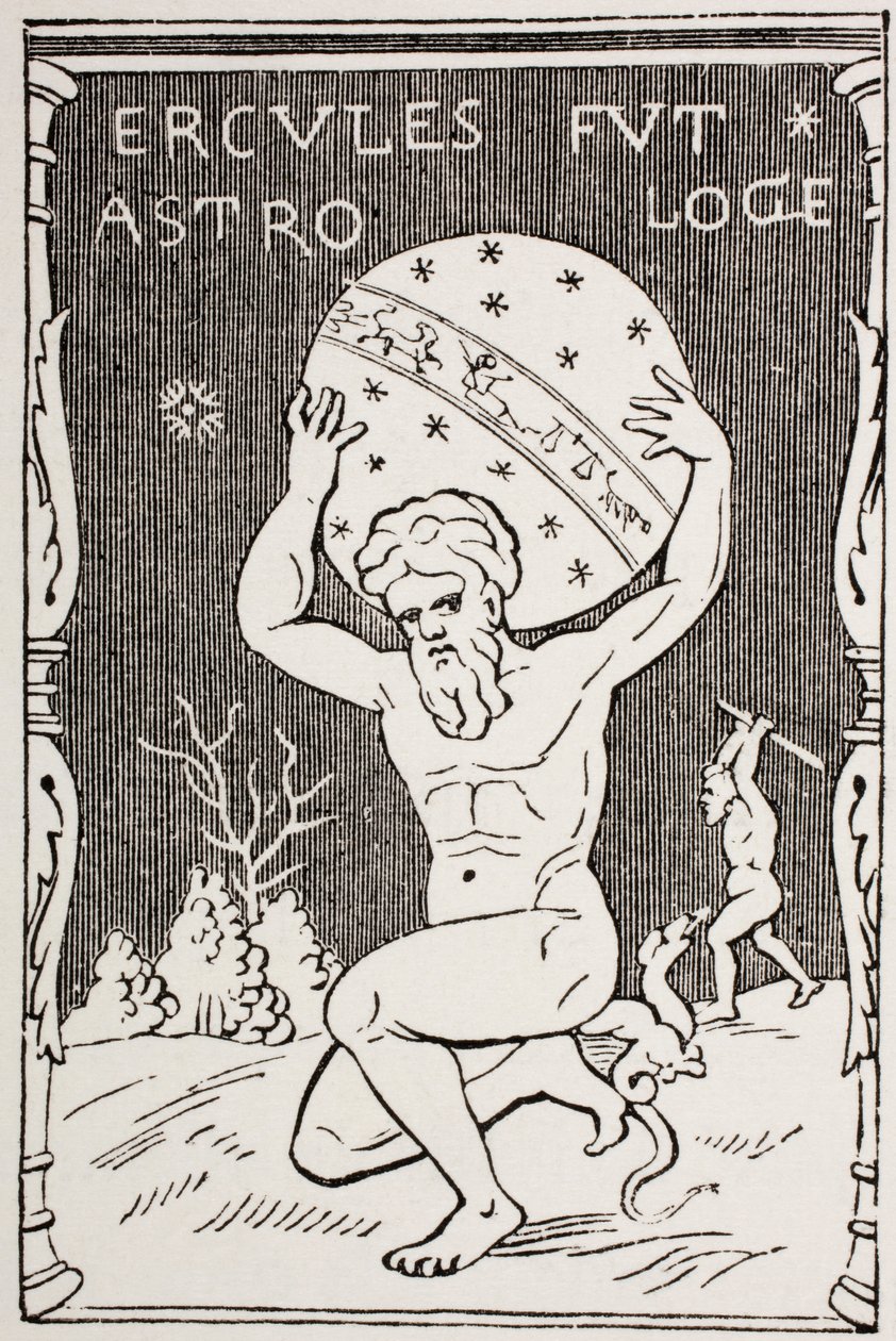 Herkules trzymający świat na plecach, podczas gdy Atlas zbiera jabłka Hesperydów, z „Les Arts au Moyen Age”, opublikowanej w 1873 r. autorstwa French School