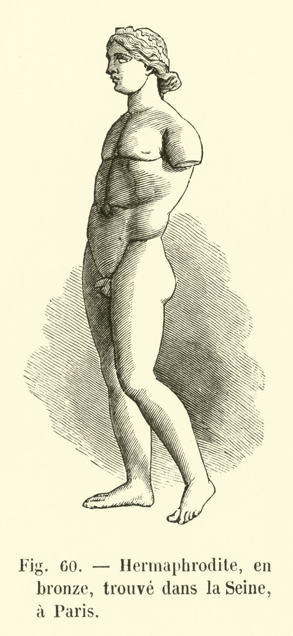 Hermafrodyta z brązu, znaleziony w Sekwanie, Paryż (rycina) autorstwa French School