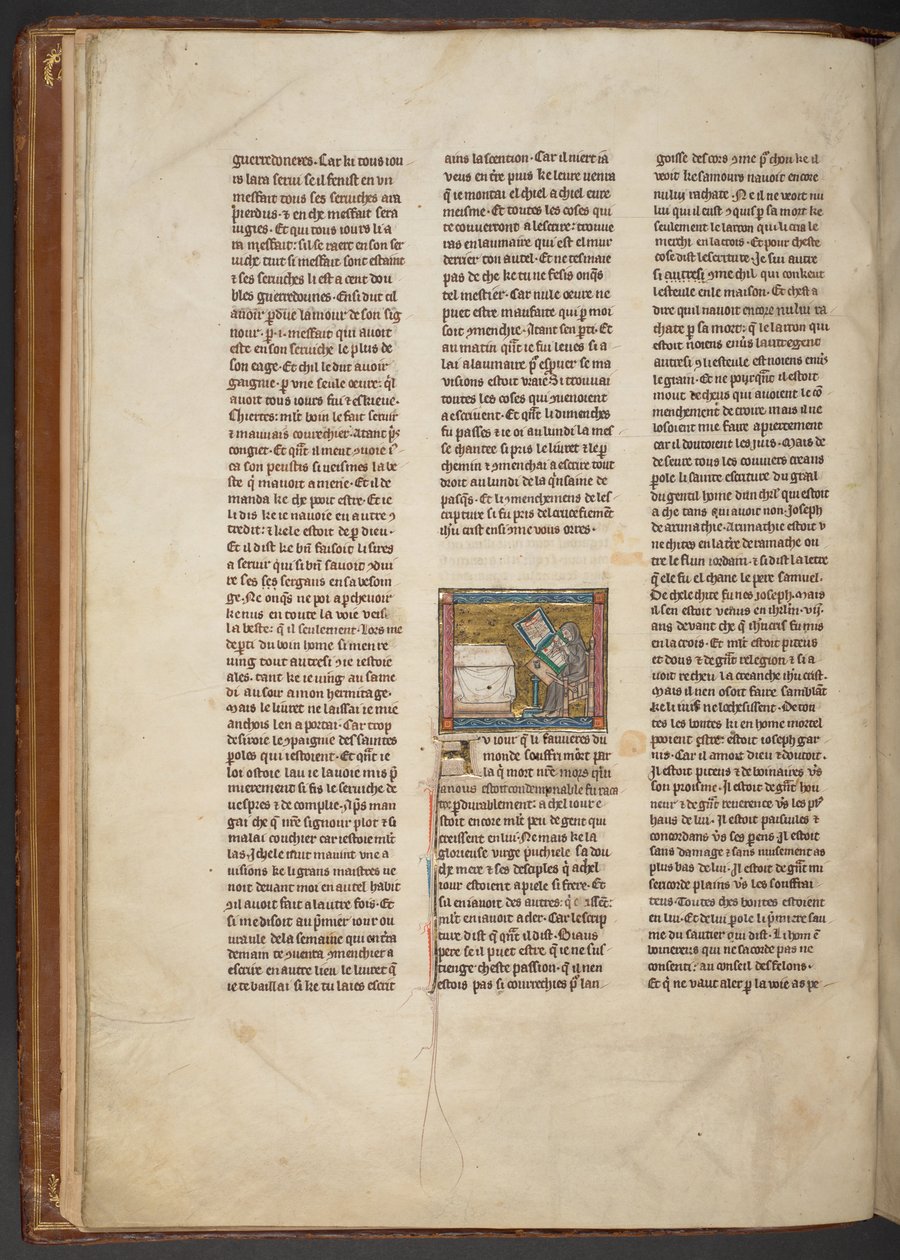Pustelnik piszący przy biurku, z „Estoire del Saint Graal, La Queste del Saint Graal, Morte Artu”, ok. 1315-25 (atrament na pergaminie) autorstwa French School