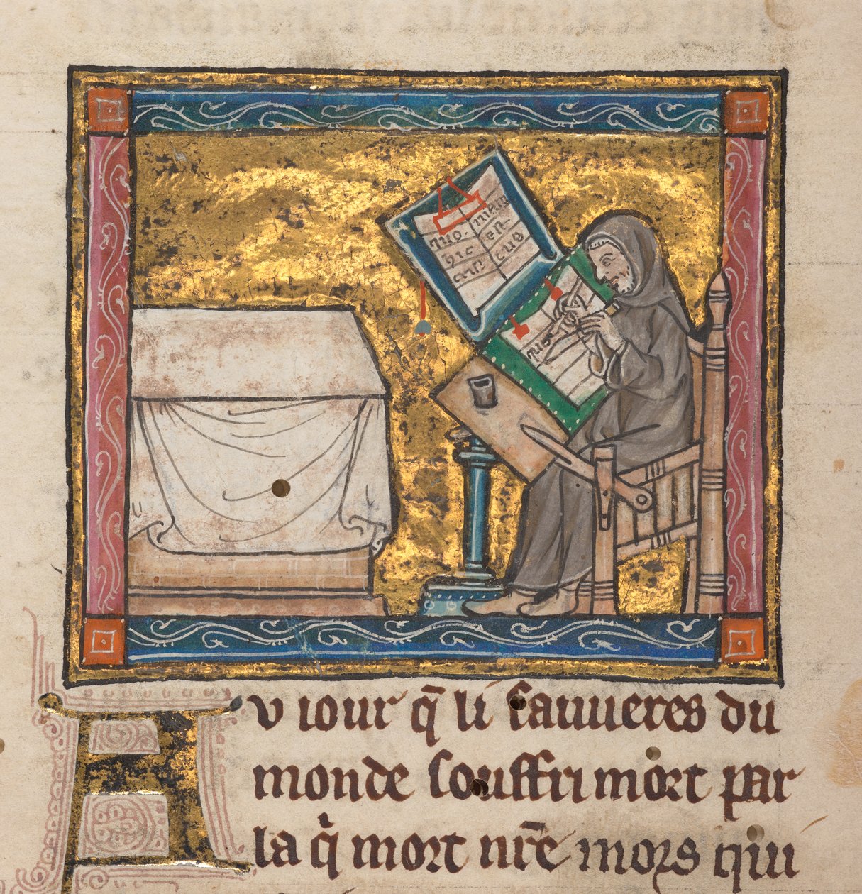 Pustelnik piszący przy biurku, miniatura z „Estoire del Saint Graal, La Queste del Saint Graal, Morte Artu”, ok. 1315-25 (atrament na pergaminie) autorstwa French School