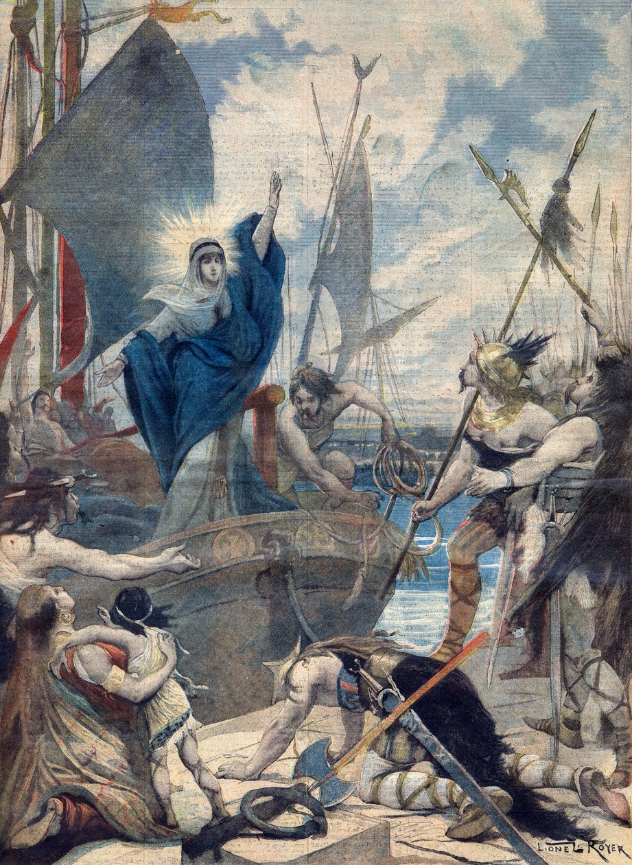 Bohaterki Francji: St Genevieve (423-512). Les heroines de France - Invasions barbares - Sainte Genevieve ratująca miasto Paryż. Ilustracja do Le petit Journal autorstwa French School