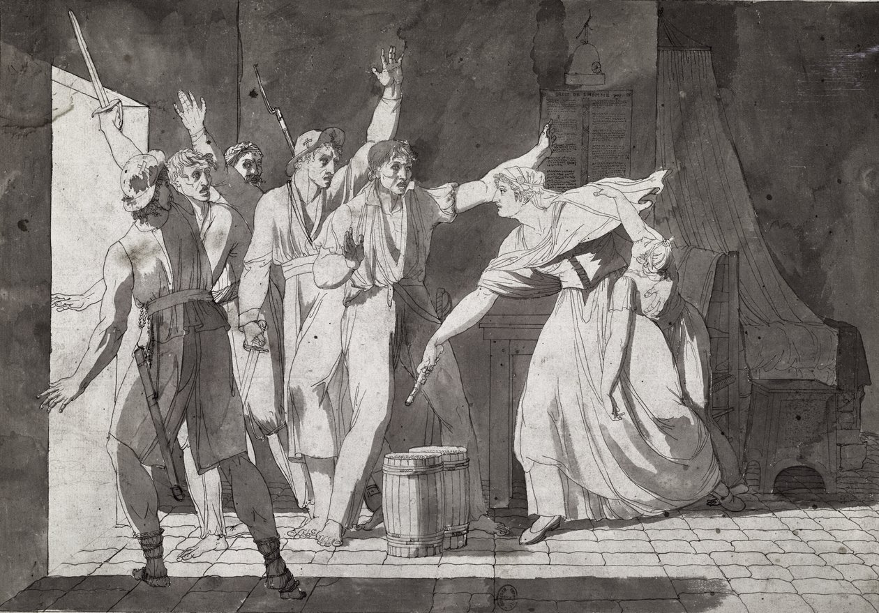 Bohaterstwo kobiety w obliczu wandejskich rabusiów po przejęciu kontroli nad Saint-Mithier, 1793 (patrz także 217884) autorstwa French School