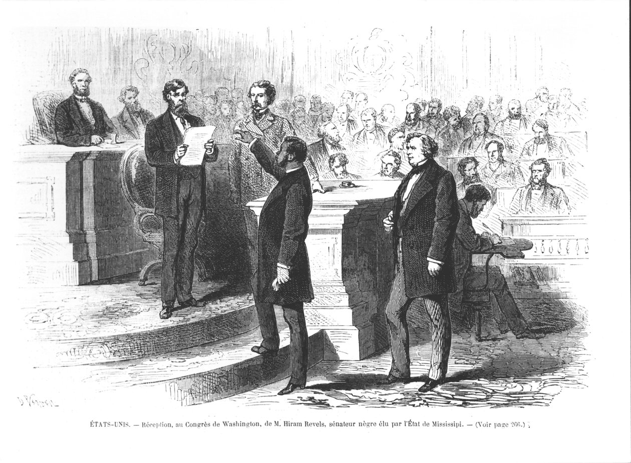 Hiram Revels, pierwszy czarny senator stanu Mississippi zaprzysiężony na Kongres Waszyngtoński autorstwa French School