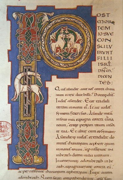 Historyczny inicjał „P” przedstawiający przeplatany wzór i fantastyczne zwierzęta, z łacińskiej Biblii pochodzenia Limoges, ok. 1930 r. 1125 (welum) autorstwa French School