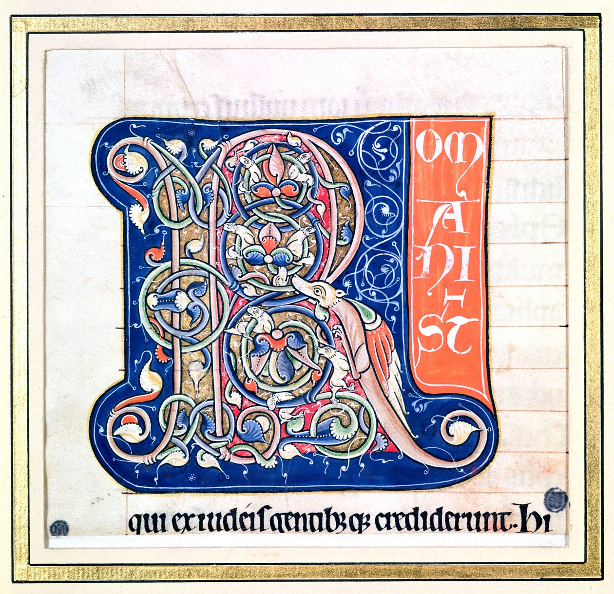 Historyczny inicjał „R” przedstawiający przeplatany wzór z fantastycznymi zwierzętami, z Biblii Saint-Andre aux-Bois autorstwa French School