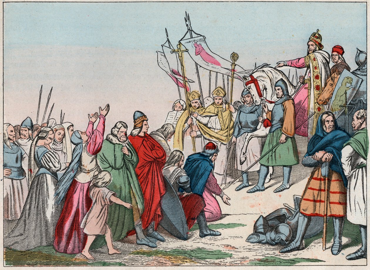 Historia Galii w średniowieczu: sasi germańscy klęczący przed królem Karolem Wielkim (742 - 814), zwycięzca wojen - Rycina z końca XIX w. w „Nasza chwała narodowa - Obrazy i recytaty”” autorstwa French School