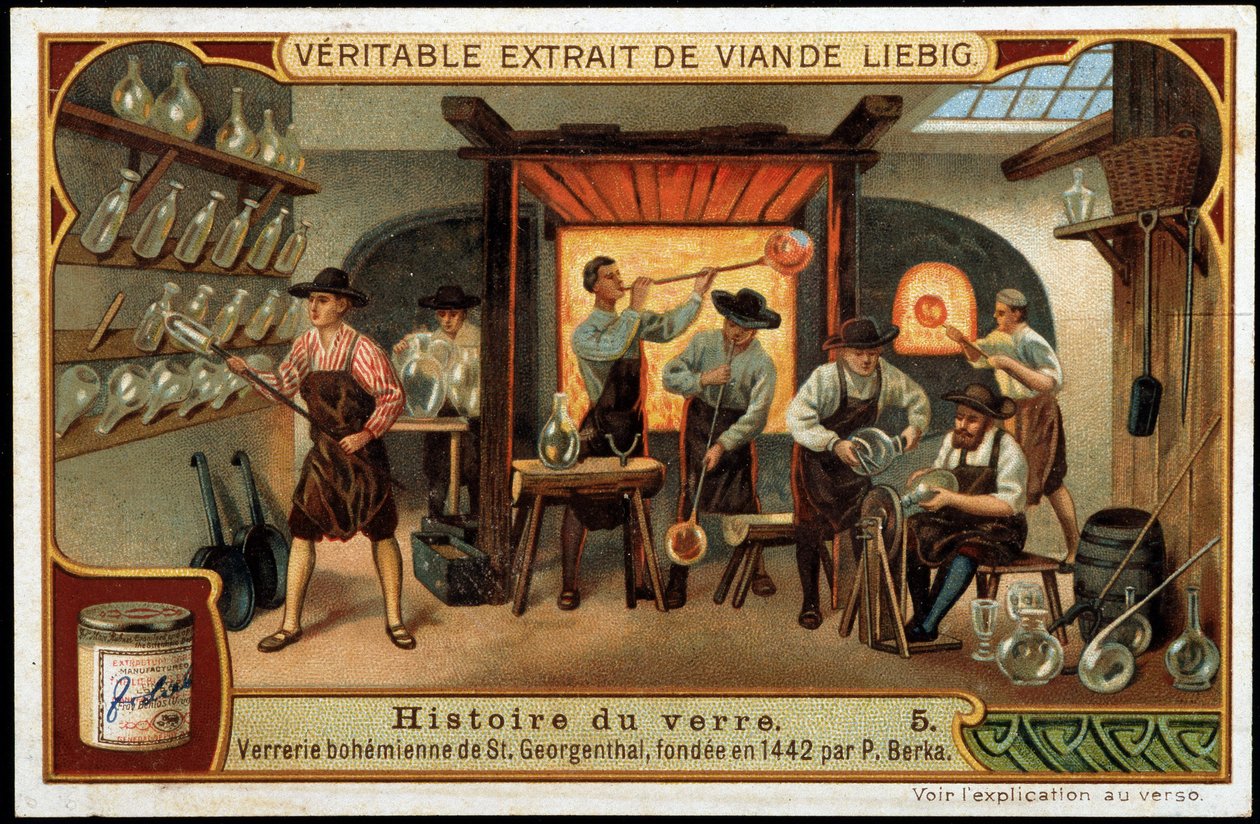 Historia szkła: Huta szkła Boheme w Saint Georgenthal założona w 1442 roku przez P. Berkę. Chromolitografia liebig z końca XIX wieku. autorstwa French School