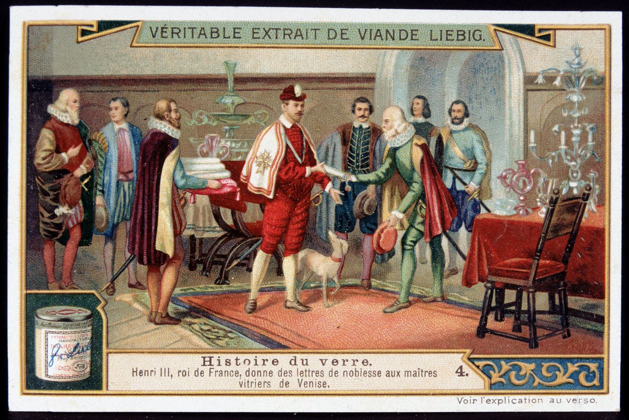 Historia szkła: Henryk III (1551-1589) Król Francji wręcza listy szlacheckie mistrzom szklarzy Wenecji. Chromolitografia Liebiga z końca XIX wieku. autorstwa French School