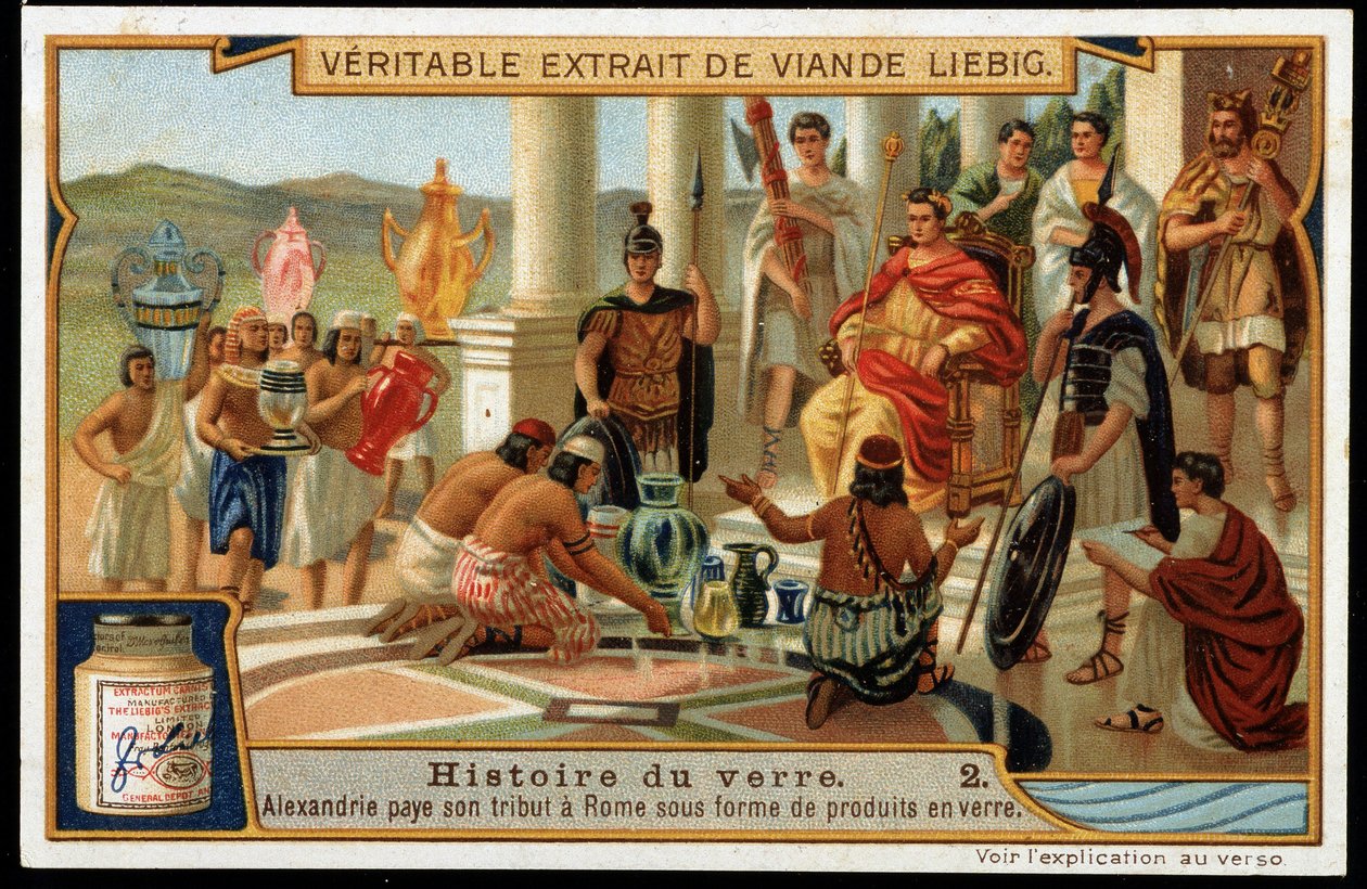 Historia szkła: Aleksandria oddaje hołd Rzymowi w postaci wyrobów szklanych - Liebig Chromolithography autorstwa French School