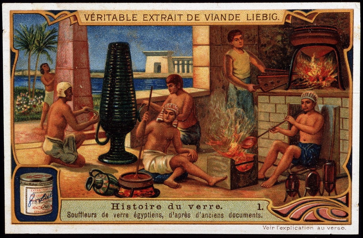 Historia szkła: Egipscy dmuchacze szkła na podstawie starożytnych dokumentów. Chromolitografia Liebiga autorstwa French School