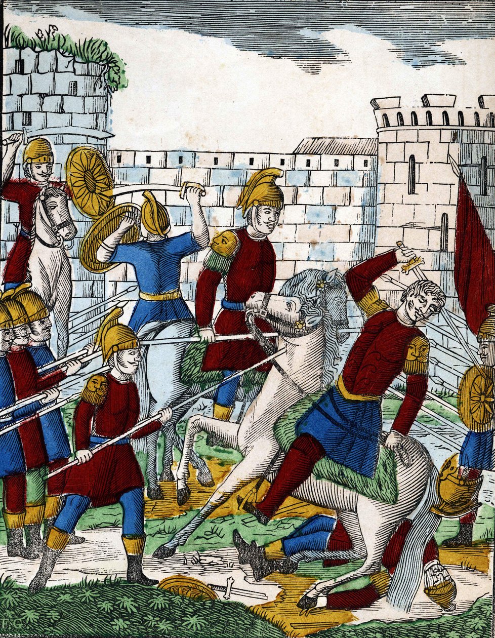 Historia czterech synów Aymona; Zdrajca Ganélon, wpadnięty w zasadzkę w dolinie Soissons, zabija księcia Beauves d