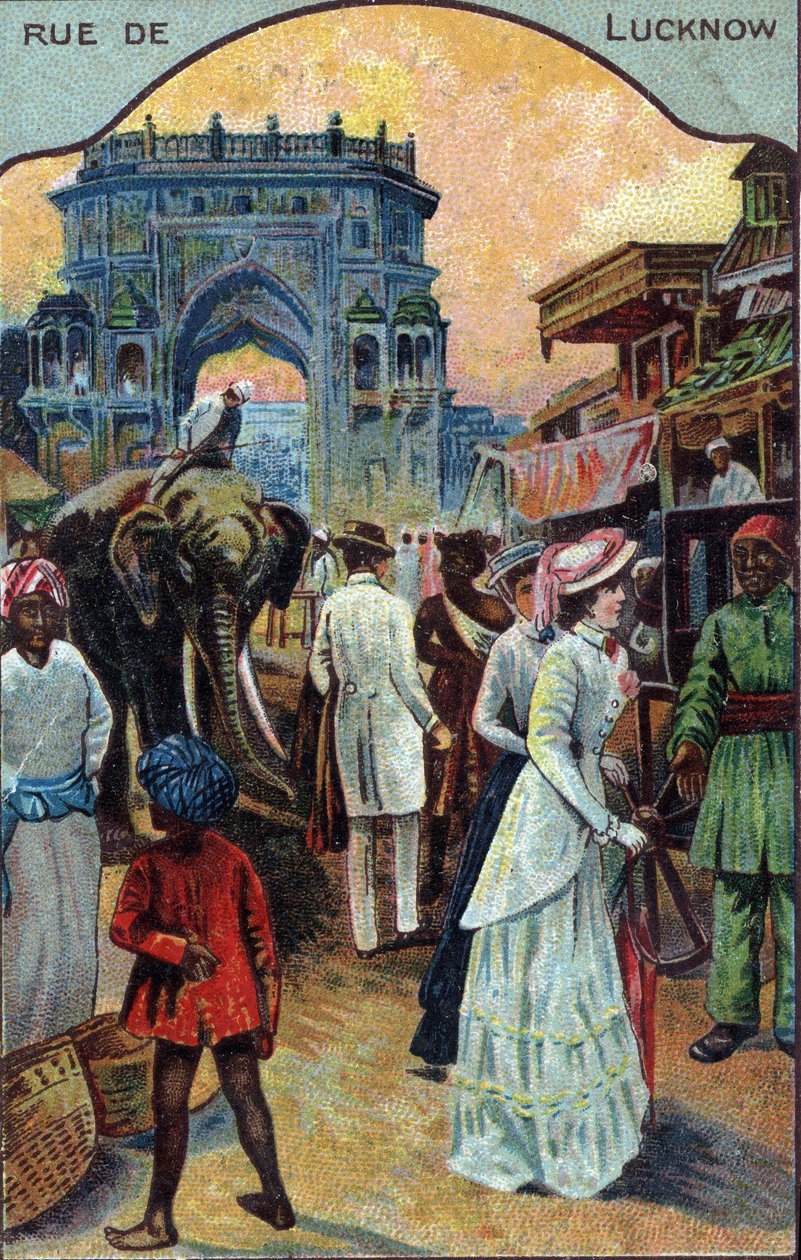 Historia turystyki: Zachodni turyści na ulicy Lucknow, Indie (zachodni turyści na ulicy Lucknow, Indie) Chromolitografia XIX wieku Zbiory prywatne autorstwa French School
