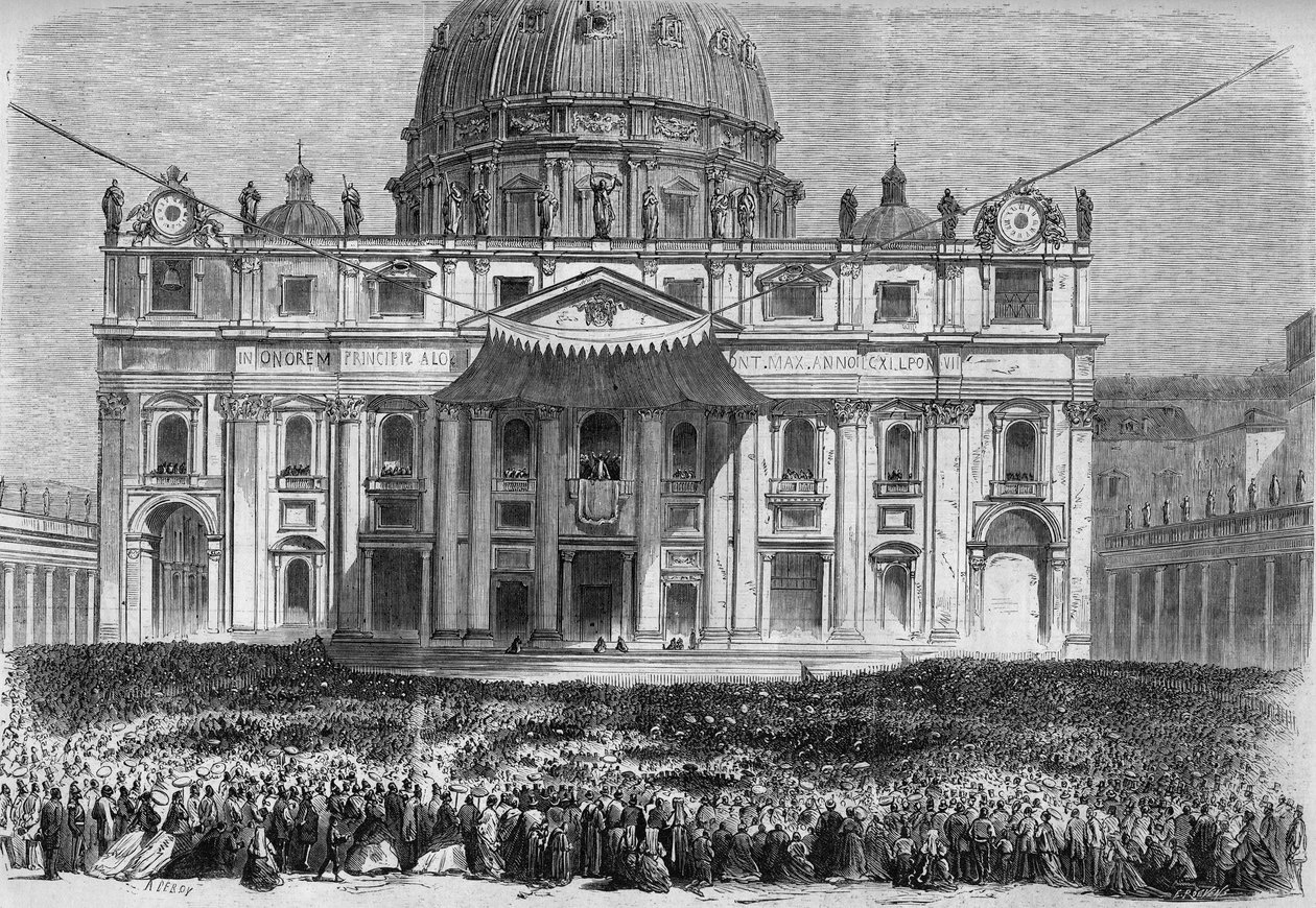 Wielki Tydzień w Rzymie: widok na Plac św. Piotra w Rzymie (Piazza San Pietro) podczas błogosławieństwa „urbi et orbi” w Wielki Czwartek i Niedzielę Wielkanocną. Grawer w „Le Monde Illustré” nr 526 z dnia 11 maja 1867 r. autorstwa French School