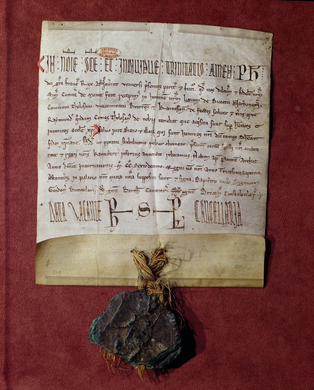 Hołd dla króla Filipa II (1165-1223) od Szymona de Montfort (ok.1160-1218) za terytoria skonfiskowane Rajmundowi VI (1197-1249) ok.1216 autorstwa French School
