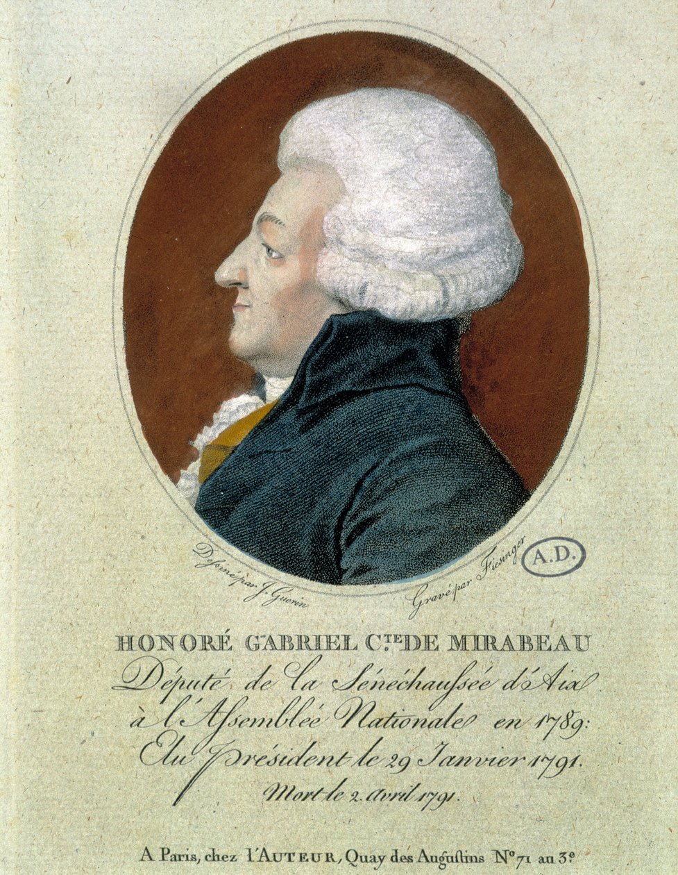 Honore Gabriel (Honore-Gabriel) Riqueti, hrabia Mirabeau (1749-1791): deputowany Seneschaussée z Aix do Zgromadzenia Narodowego w 1789 r., wybrany na prezydenta 29 stycznia 1791 r., zmarł 2 kwietnia 1791 r. autorstwa French School