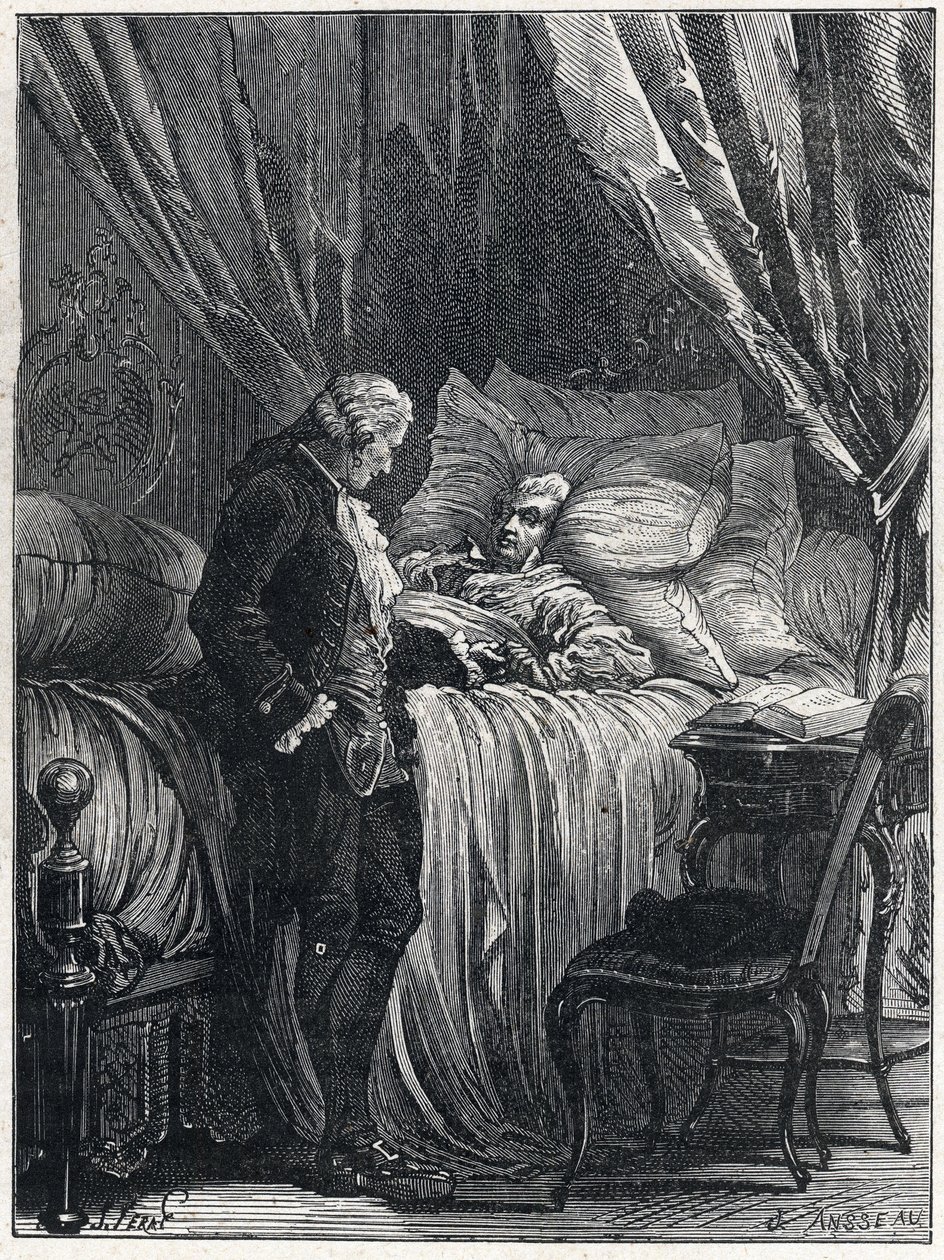 Honore Gabriel (Honore-Gabriel) Riqueti, hrabia Mirabeau (1749-1791) na łożu śmierci ze swoim lekarzem Georgesem Cabanisem (1757-1808) w 1791 roku. autorstwa French School