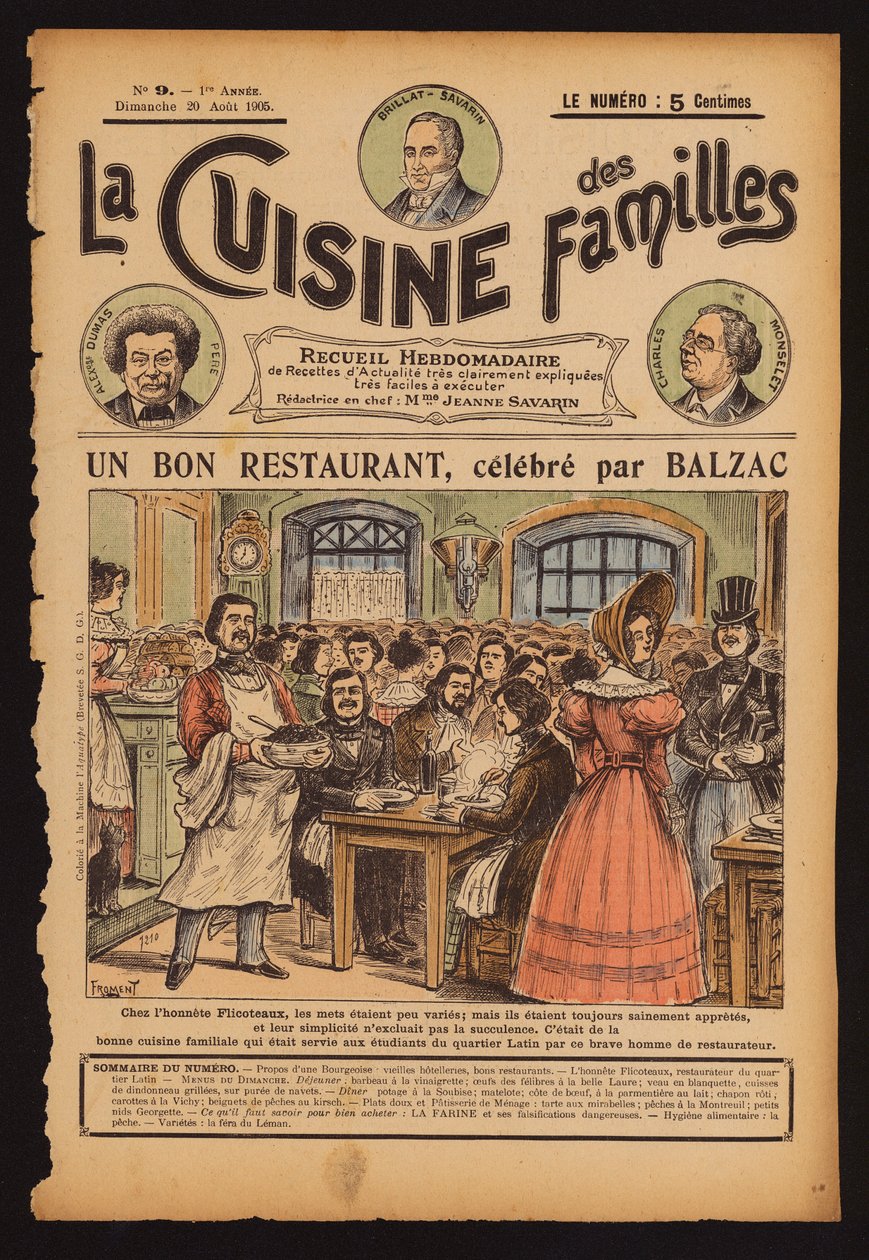 Honore de Balzac podczas posiłku w restauracji Flicoteaux w Paryżu (kolorowy grawerunek) autorstwa French School