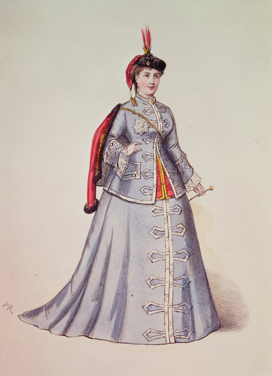 Hortense Schneider w tytułowej roli w operetce Offenbacha „Wielka Księżna Gerolstein”, ilustracja z „Kostiumy teatrów paryskich”, 1867 autorstwa French School