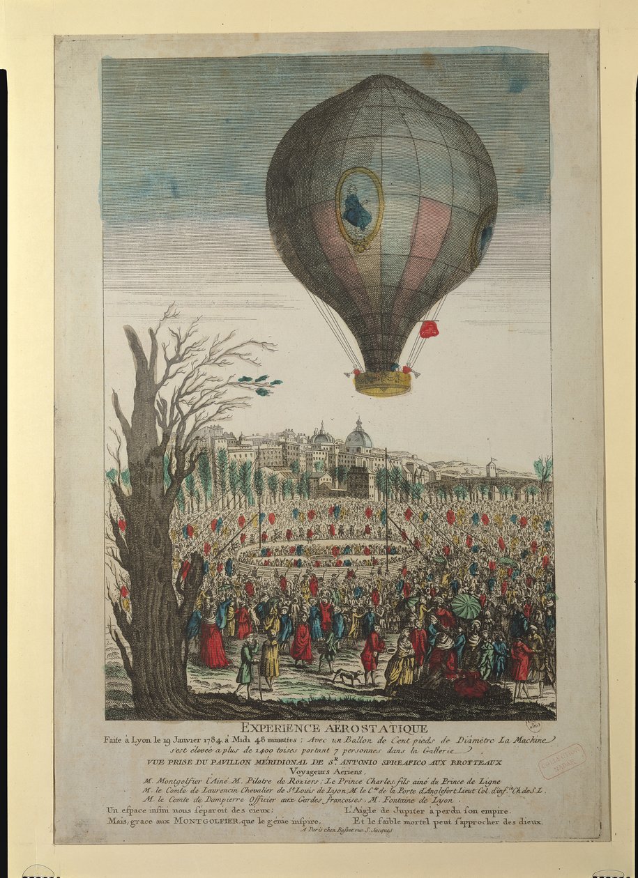 Eksperyment balonu na ogrzane powietrze braci Montgolfier i Francois Pilatre de Rozier (1754-85) w Lyonie, 19 stycznia 1784 autorstwa French School