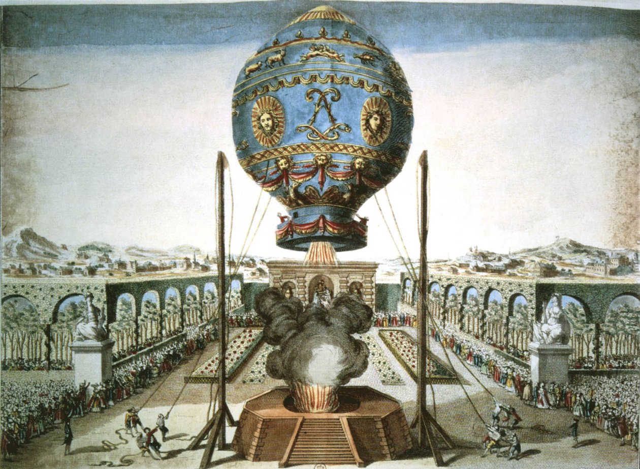 Balon na ogrzane powietrze w ogrodzie Jean Baptiste Reveillons w Wersalu autorstwa French School