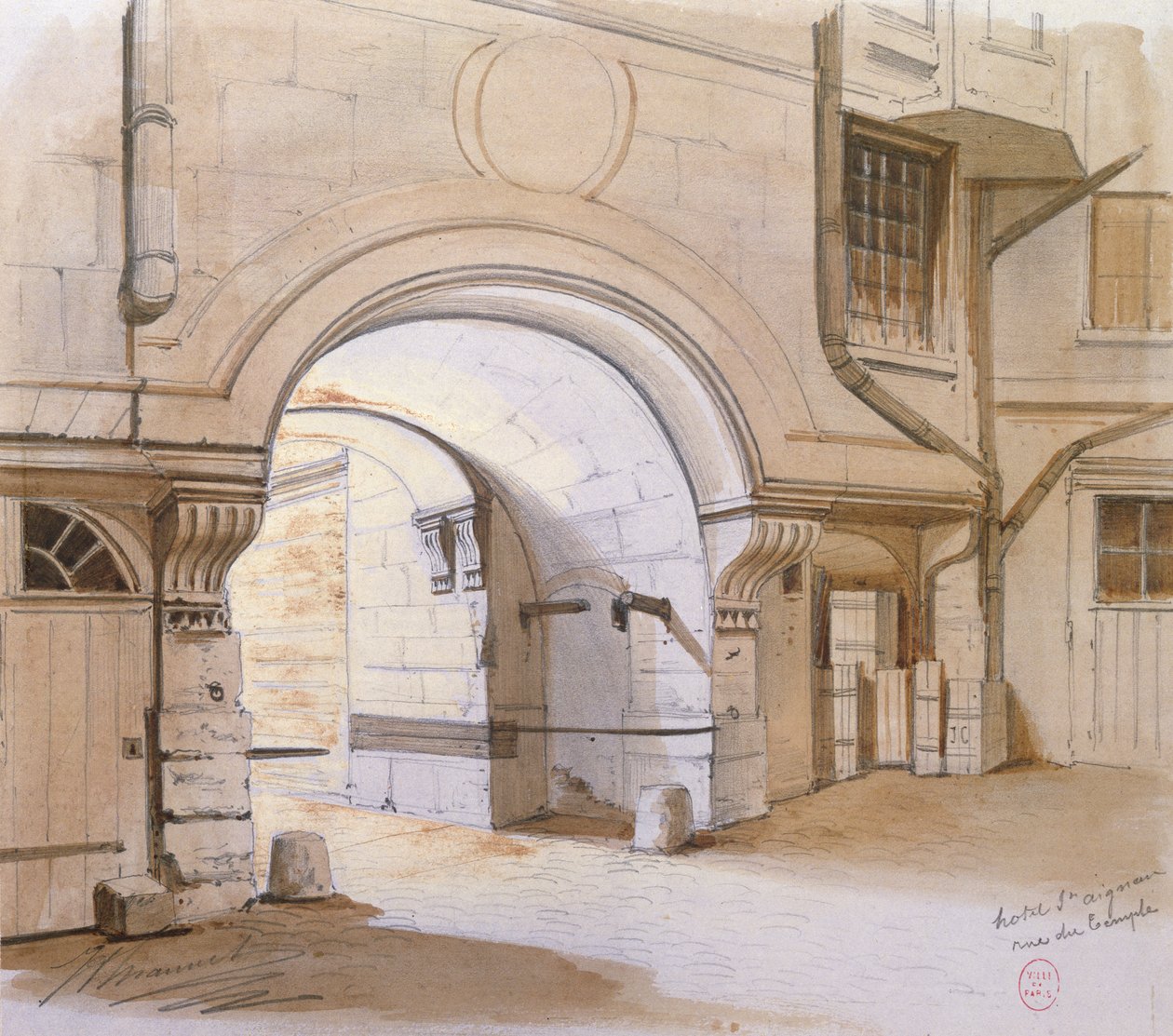 Hotel de Saint-Aignan, Rue du Temple, Paryż (ołówek i toaleta na papierze) autorstwa French School
