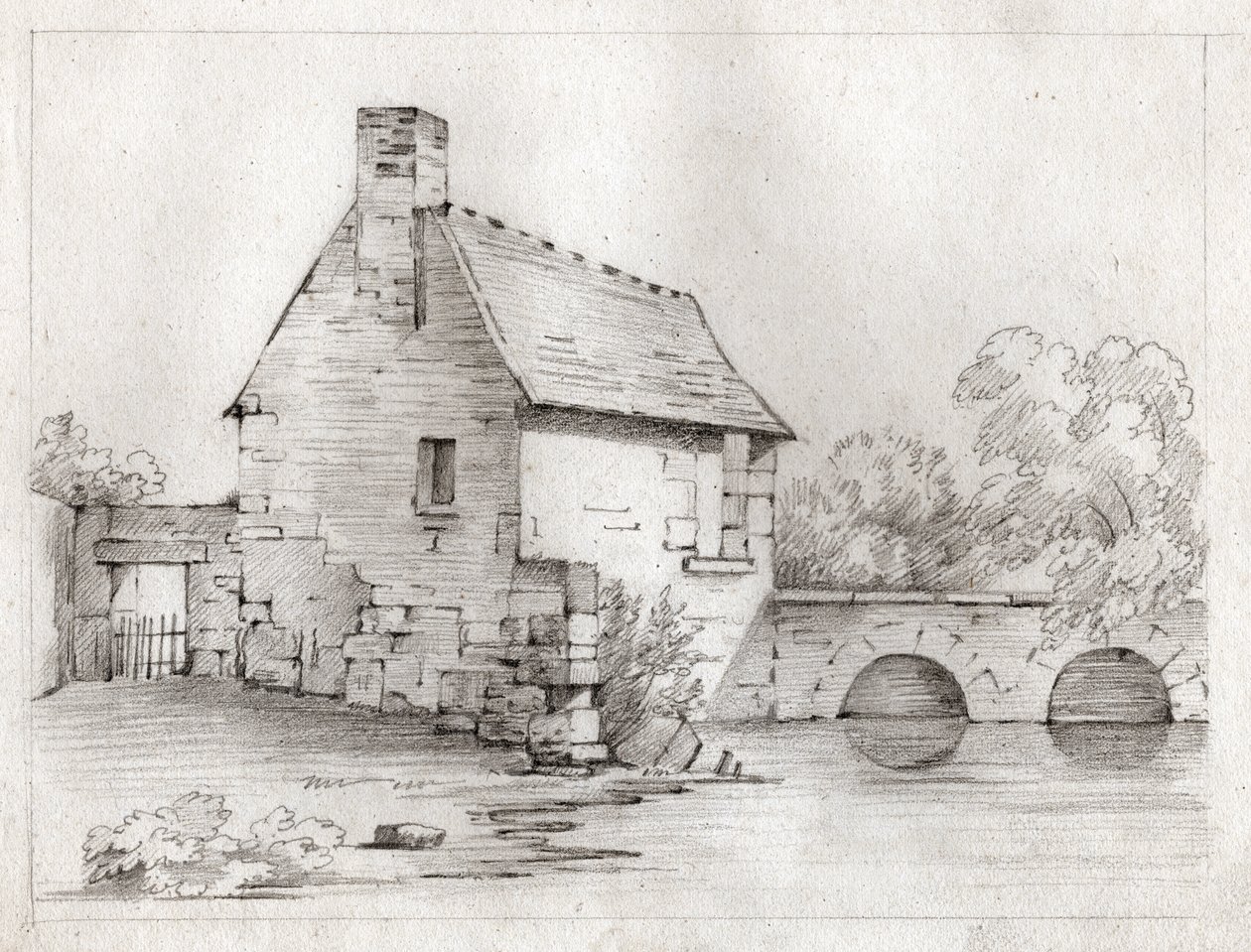 Dom przy rzece. (rysunek, ok. 1830) autorstwa French School