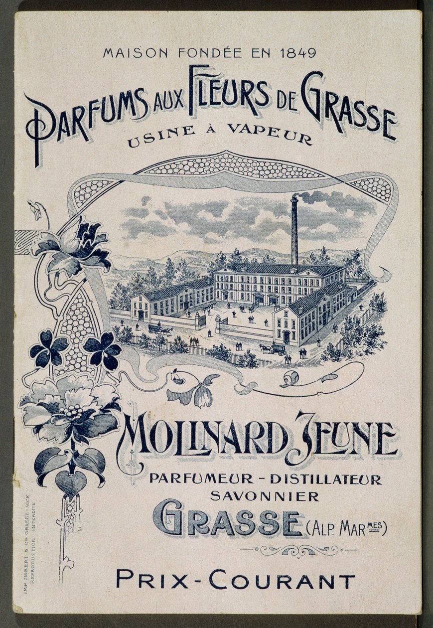 Dom założony w 1849 r. - Fragrances aux Fleurs de Grasse - Zakład parowy: Molinard Jeune - Karta reklamowa przedstawiająca fabrykę Molinarda - grawer, początek XX wieku autorstwa French School