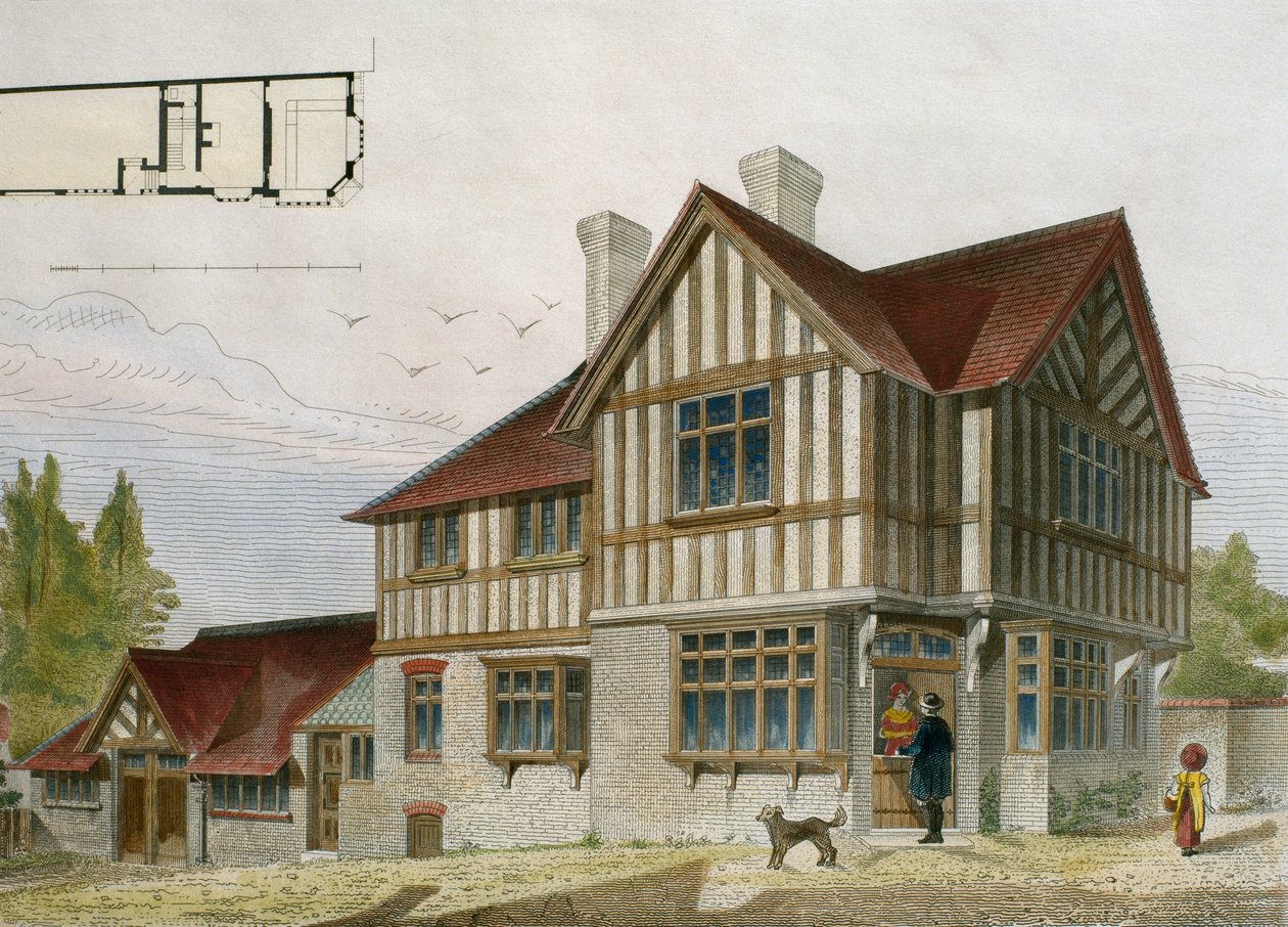 Dom małego sklepikarza w okolicach Londynu, ilustracja z Le Moniteur des architectes, 1884, rytowana przez Paula Louisa Bury