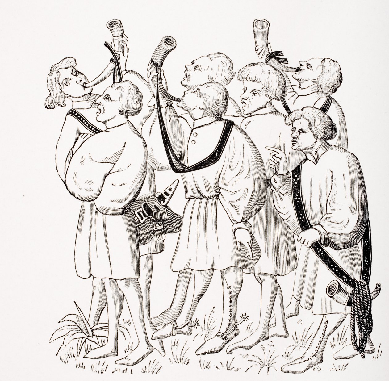 Jak krzyczeć i dmuchać w rogi, według miniatury w XV-wiecznym rękopisie Phoebusa, z „Le Moyen Age et La Renaissance” Paula Lacroix (1806–84) opublikowanego w 1847 roku autorstwa French School