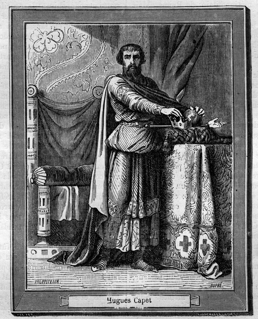 Hugues Capet (940-996) król Franków (na dole) Grawer w „Historii papieży-królów-i-cesarzy przez wieki”” Maurice Lachatre autorstwa French School