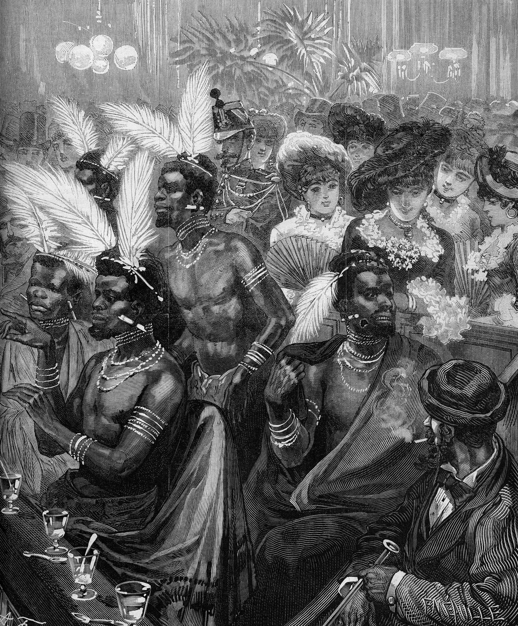 Ludzkie Zoo: wojownicy Zulusów wystawiani w loży w Cabaret des Folies Bergeres (Folies-Bergeres) w Paryżu w 1879 r. Grawerowanie w „”Le Monde Illustré” nr 1178 z dnia 21 listopada 1879 r. autorstwa French School