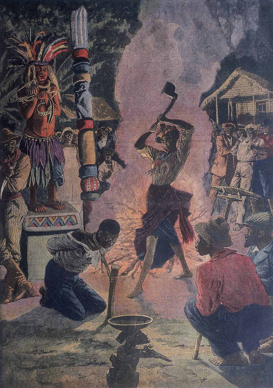 Ofiara z człowieka podczas ceremonii Voodoo, La Fayette, Luizjana, USA autorstwa French School