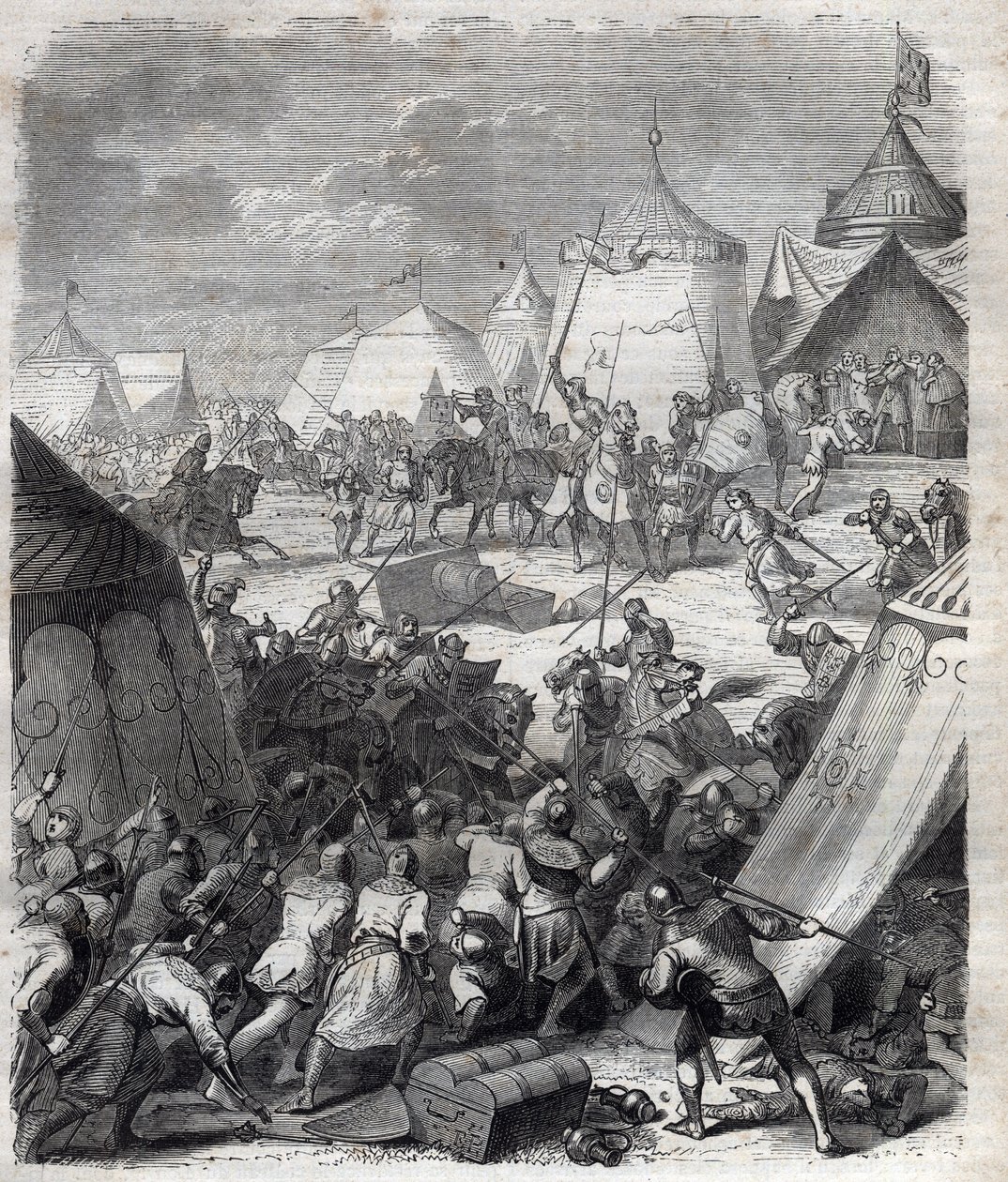 Wojna stuletnia: Bitwa pod Poitiers (1356). Grawer w „”Historii papieży (...) Zbrodnie królowej króla i cesarzy na przestrzeni wieków” Maurice Lachatre autorstwa French School