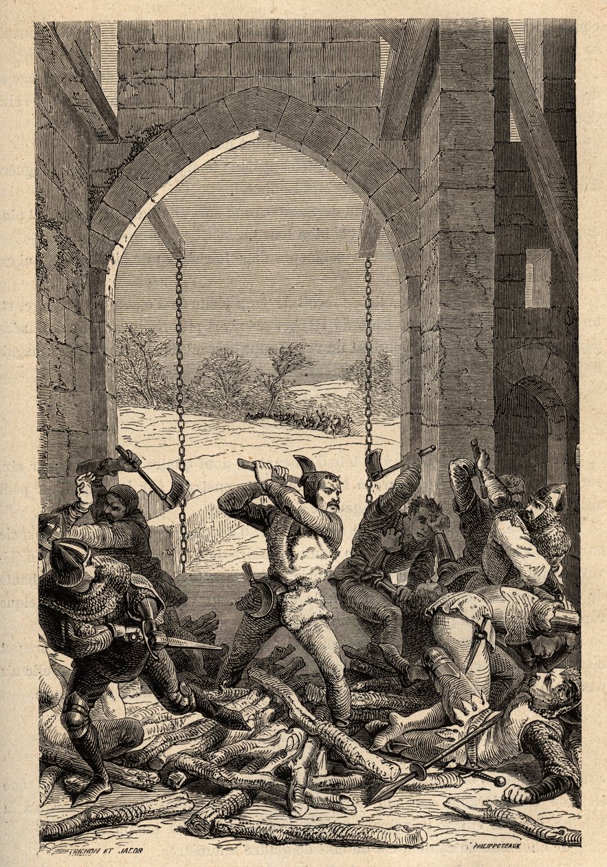 Wojna stuletnia: „”La prize du Chateau de Grand Fougeray autorstwa Bertranda Du Guesclin (1320-1380) en 1356, Grand-Fougeray, Ille et Vilaine”(w 1356 podczas oblężenia Rennes przez Anglików w ramach stuletniej czy był przebrany bertrand duguesclin? autorstwa French School