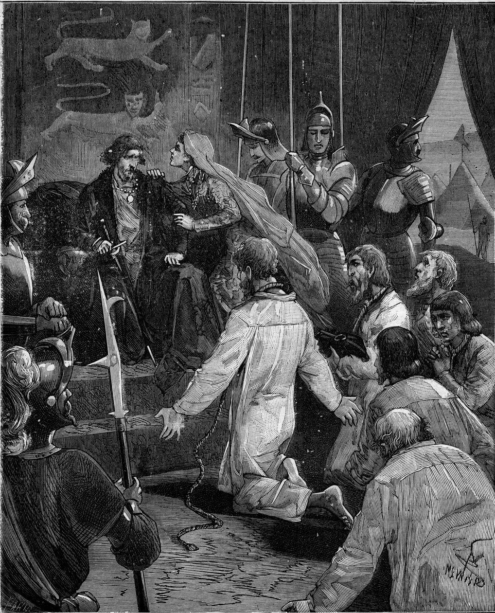 Wojna stuletnia. Burżuazja z Calais: oddanie Eustachego św. Piotra i jego towarzyszy królowi Anglii Edwardowi III błaga o ich łaskę, wspieraną przez królową Filippę z Hainaut (1311-1369). autorstwa French School